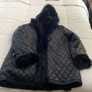 Jacket- real Fox and fabric jacket . With detachable hood.  REVERSIBLE
